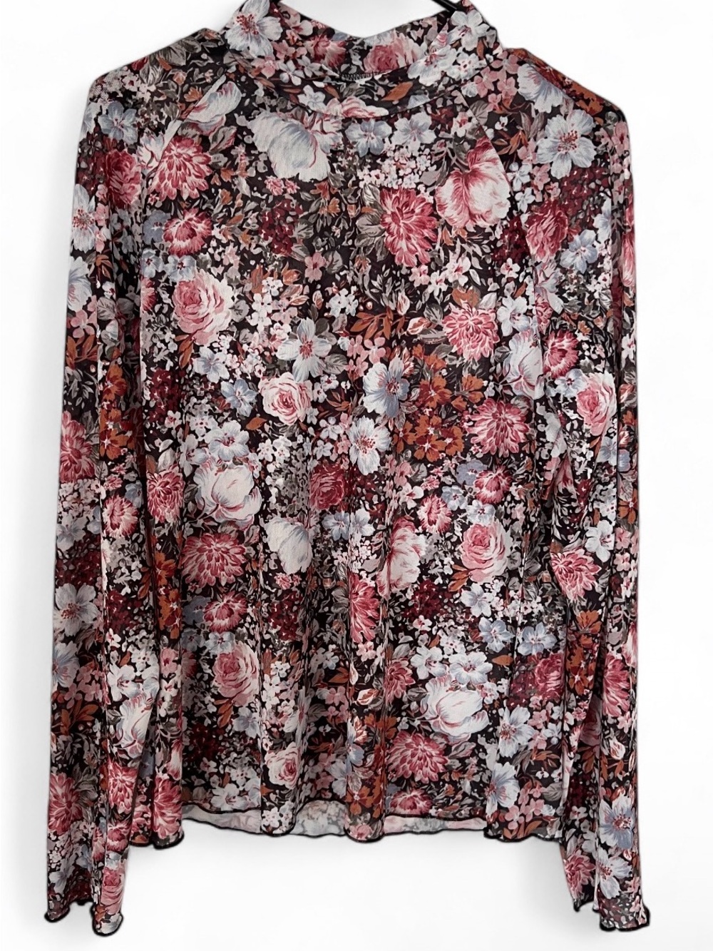 Floral Mock Neck Long Sleeve Top - Pink & Brown Bouquet NWOT